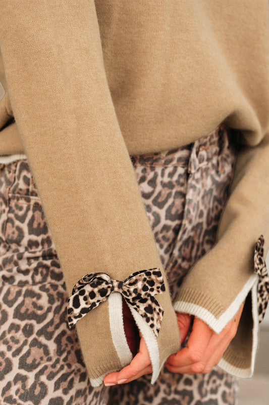 Leopard Bow Split Cuff Contrast Trim Sweater JUNIPER BLVD