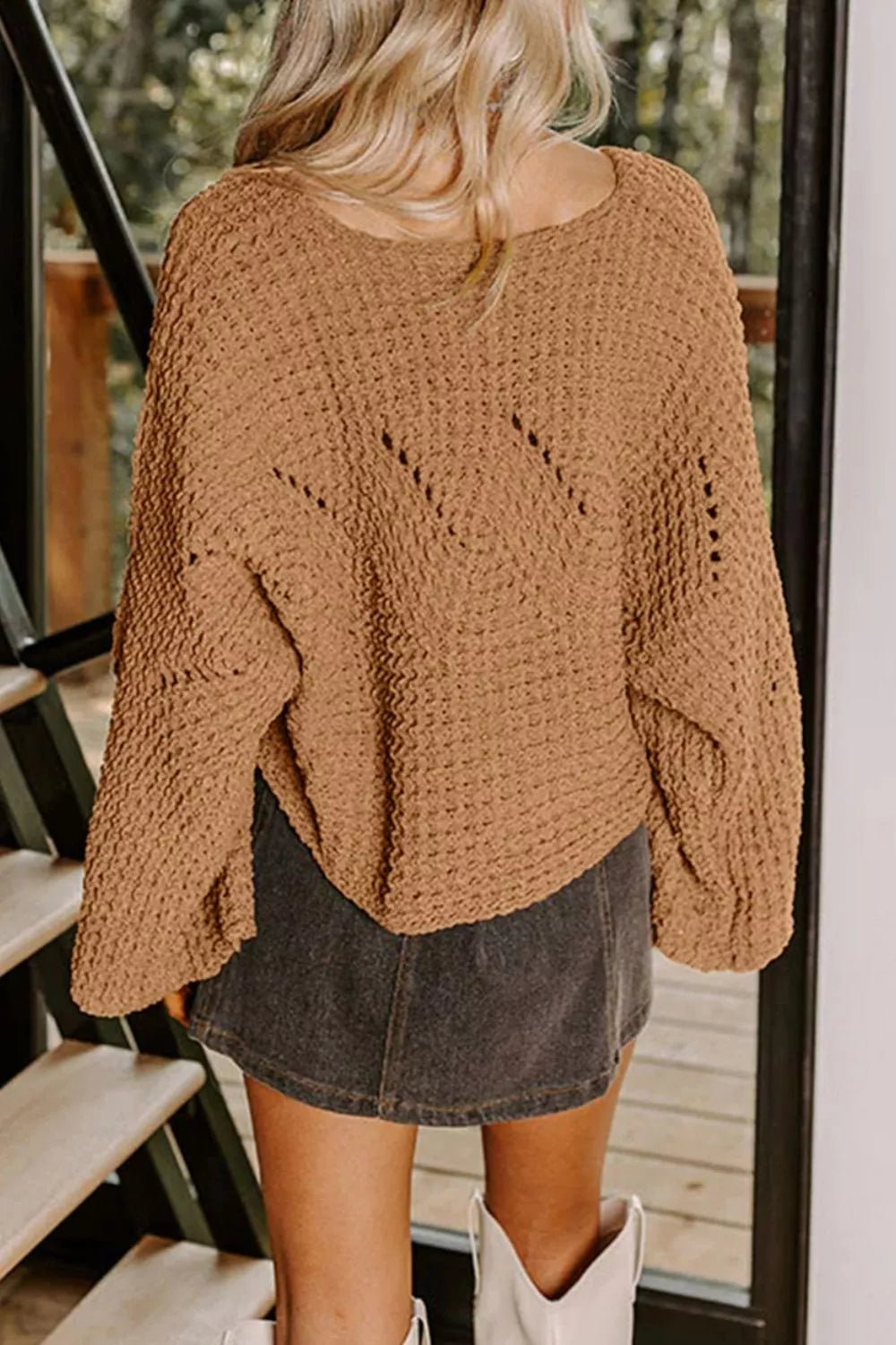 Hollowed Detail Wide Sleeve Loose Pullover Sweater