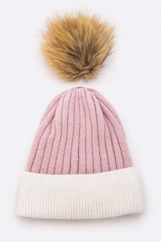 Raccoon Fur PomPom 2 Tone Beanie LA Jewelry Plaza