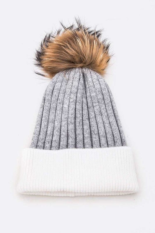 Raccoon Fur PomPom 2 Tone Beanie LA Jewelry Plaza