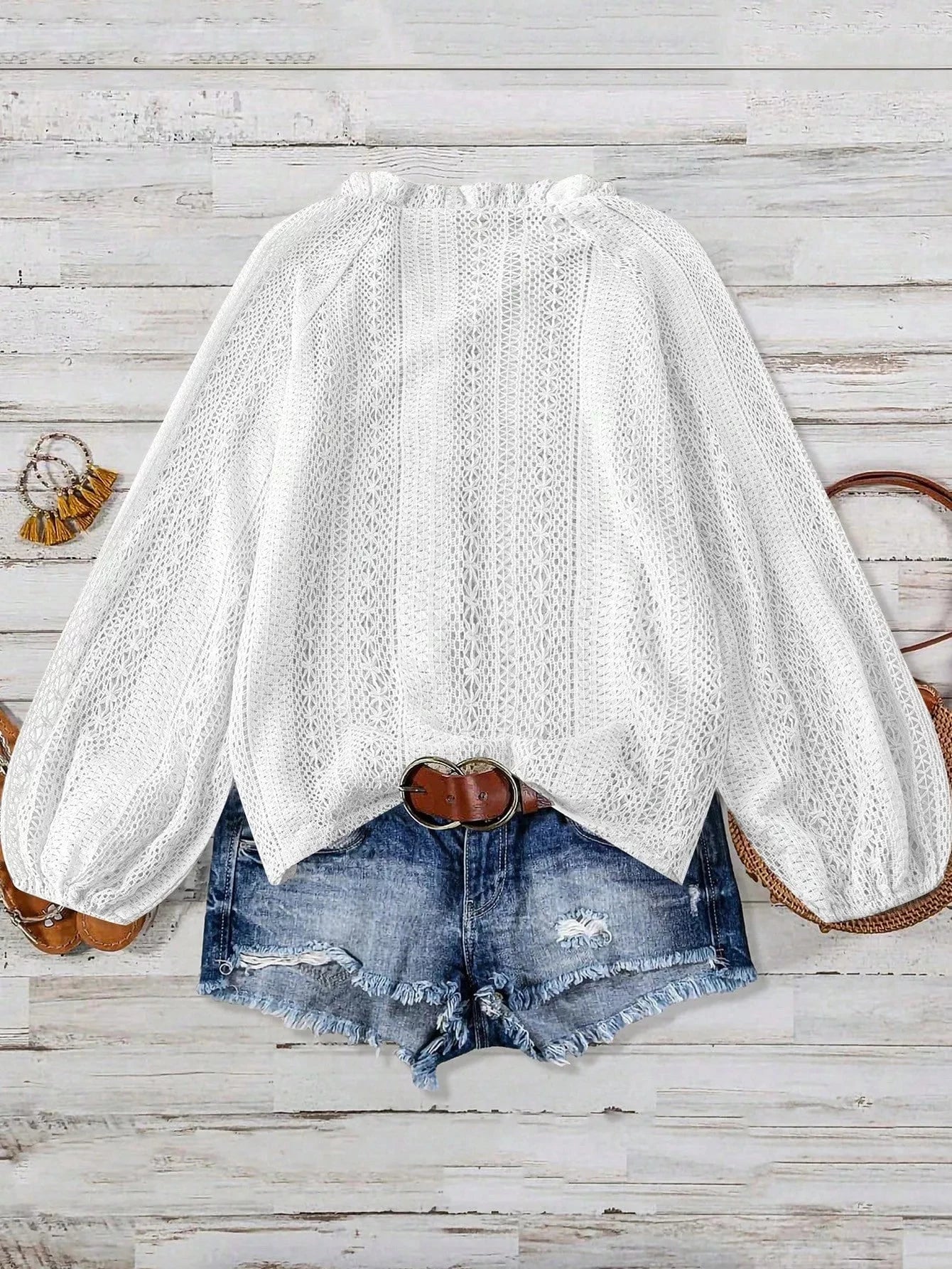 Lace Notched Long Sleeve Shirt