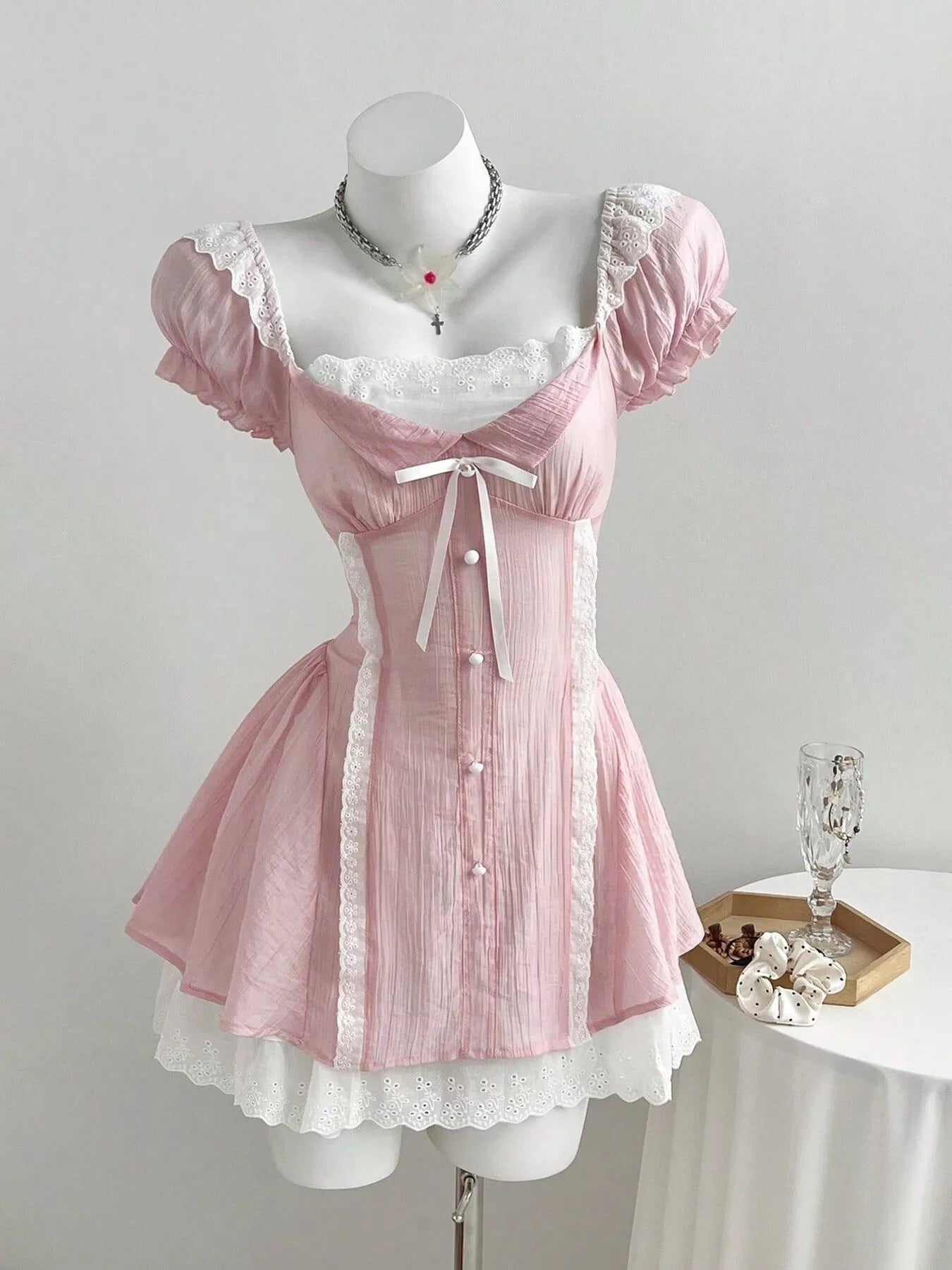 Lace Detail Cap Sleeve Dress Trendsi