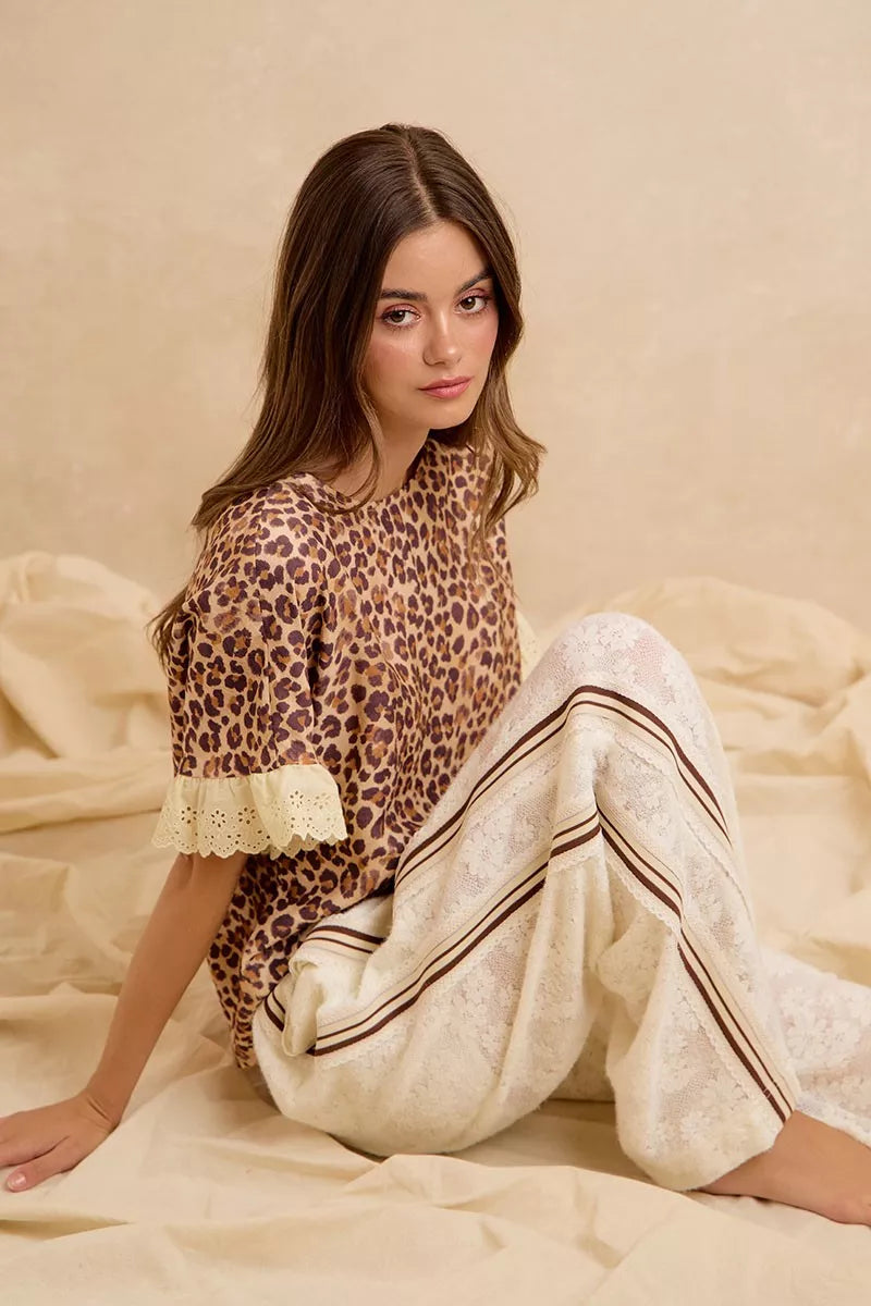 BiBi Leopard and Eyelet Lace Ruffled Top and Shorts Set Trendsi