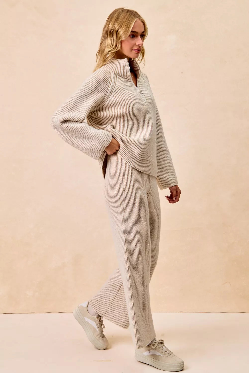 BiBi Two Tone Rib Texured Knit Collared Top with Zip Up Trendsi
