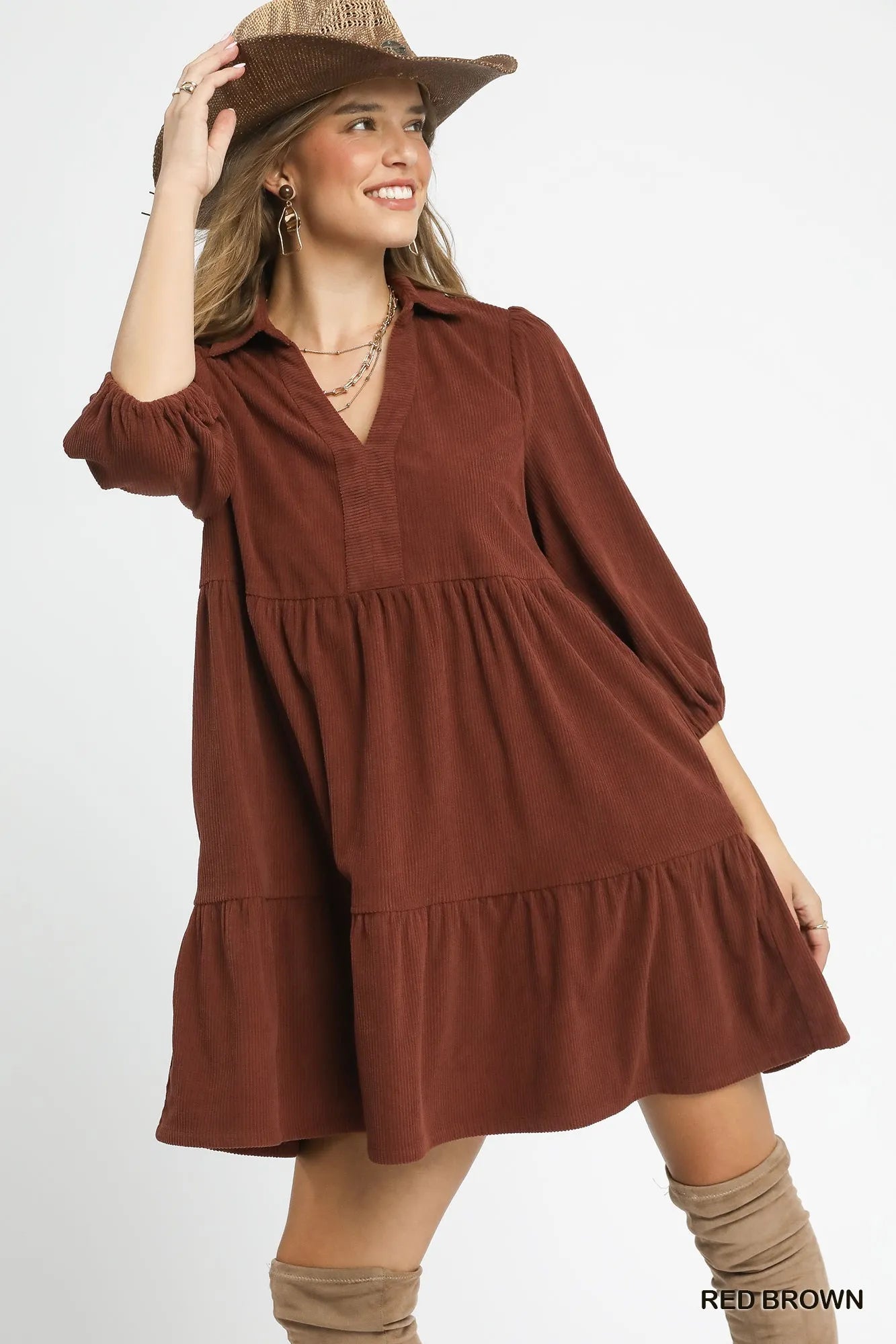 Umgee Tiered Corduroy Mini Dress with Balloon Sleeves Trendsi
