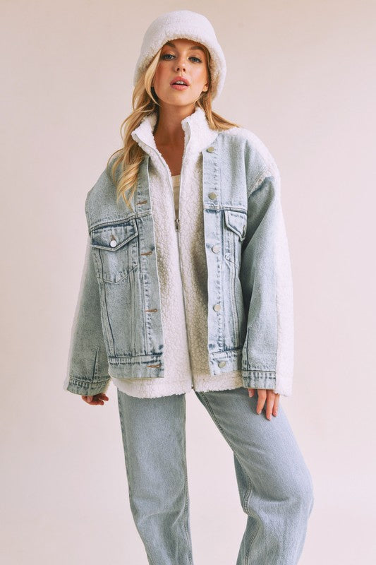 Aemi + Co Denim Washed Drop Shoulder Sherpa Fake Two Pieces Jacket Trendsi