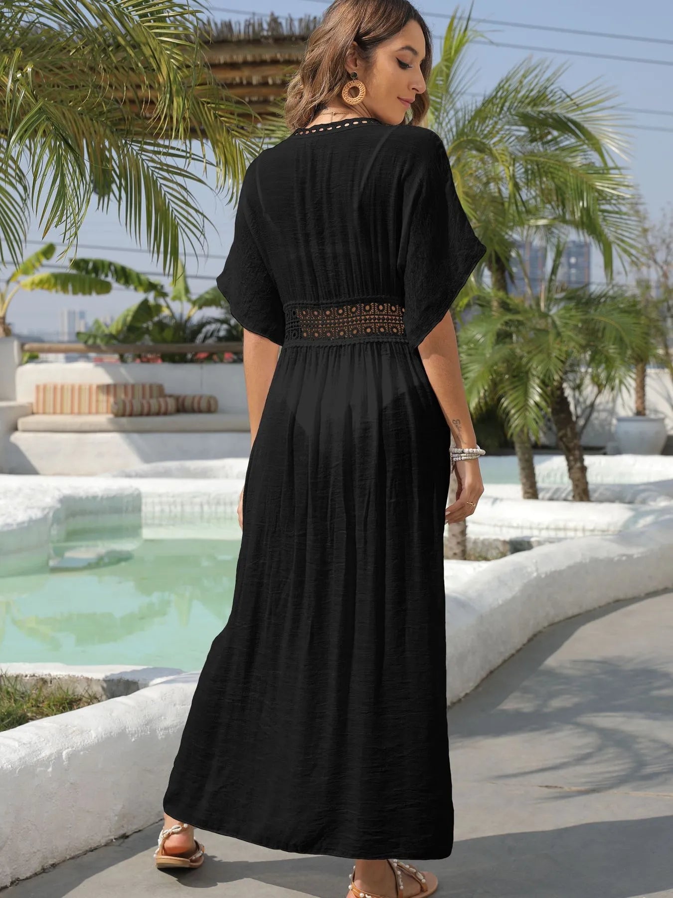 Lace Trim Plunging Beach Cover Up Maxi Dress Trendsi