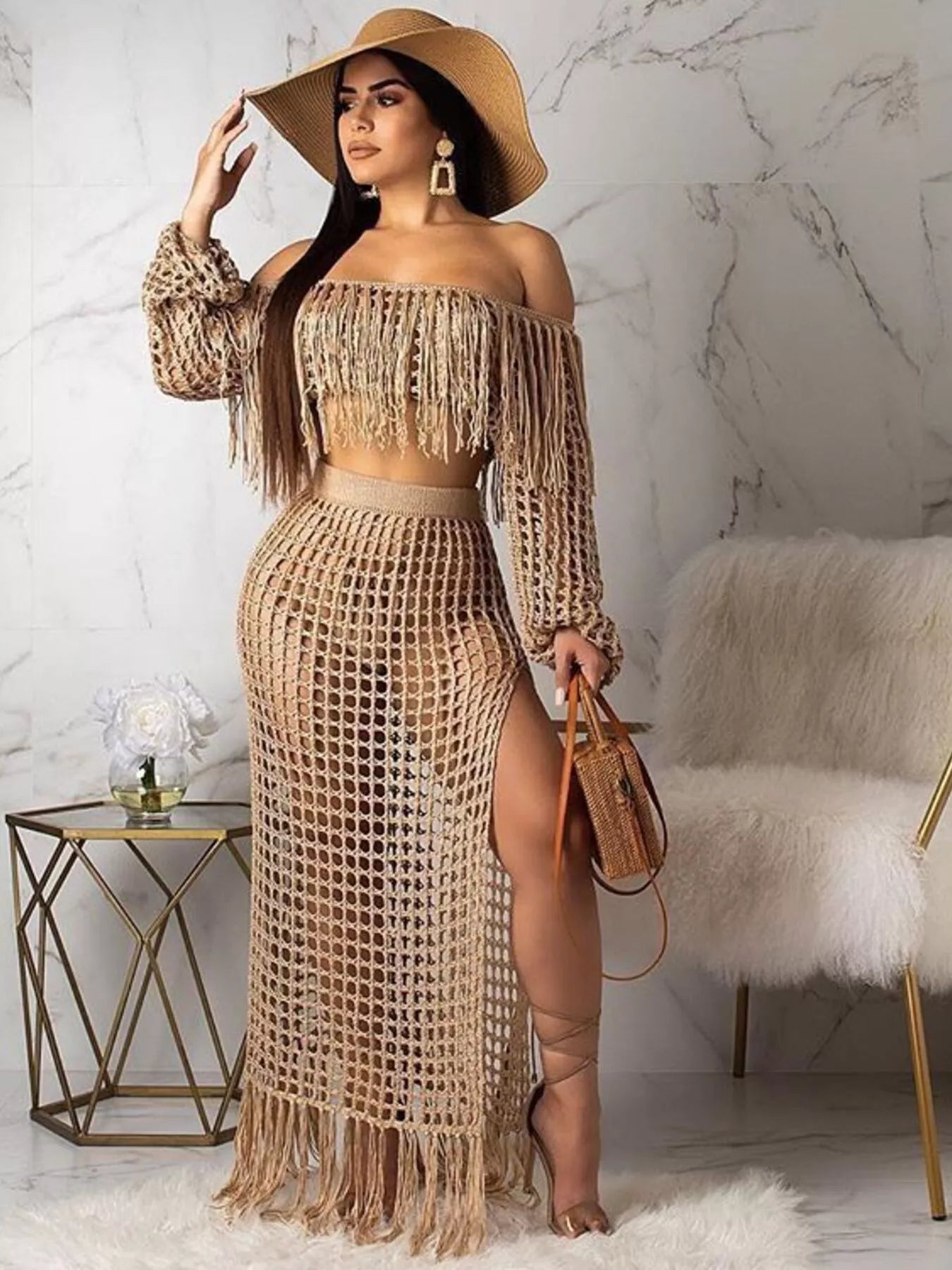 Full Size Crochet Off-Shoulder Fringe Top and Skirt Set Plus Size Trendsi