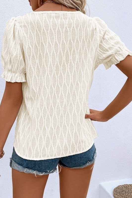 Solid Textured Notch Neck Puff Sleeve Blouse JUNIPER BLVD