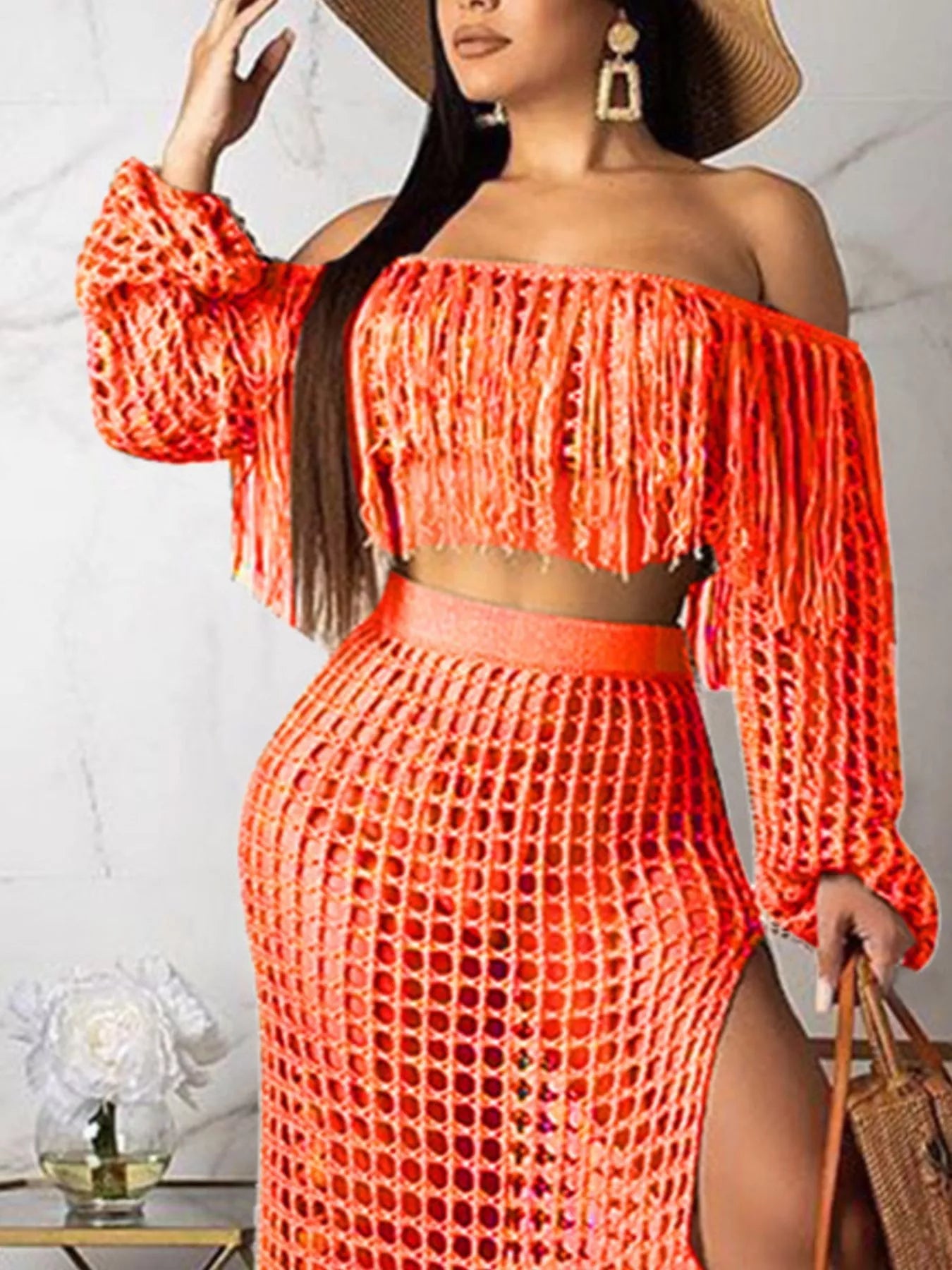 Full Size Crochet Off-Shoulder Fringe Top and Skirt Set Plus Size Trendsi