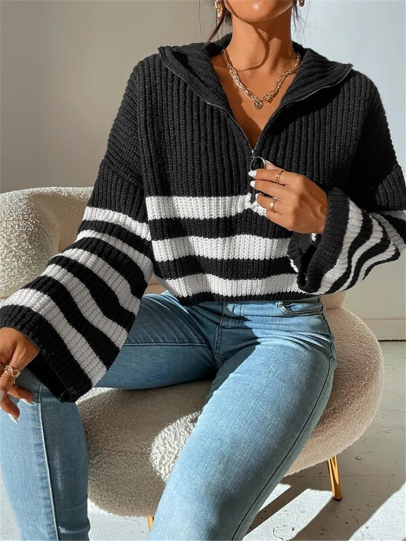 Striped Half Zip Cropped Sweater