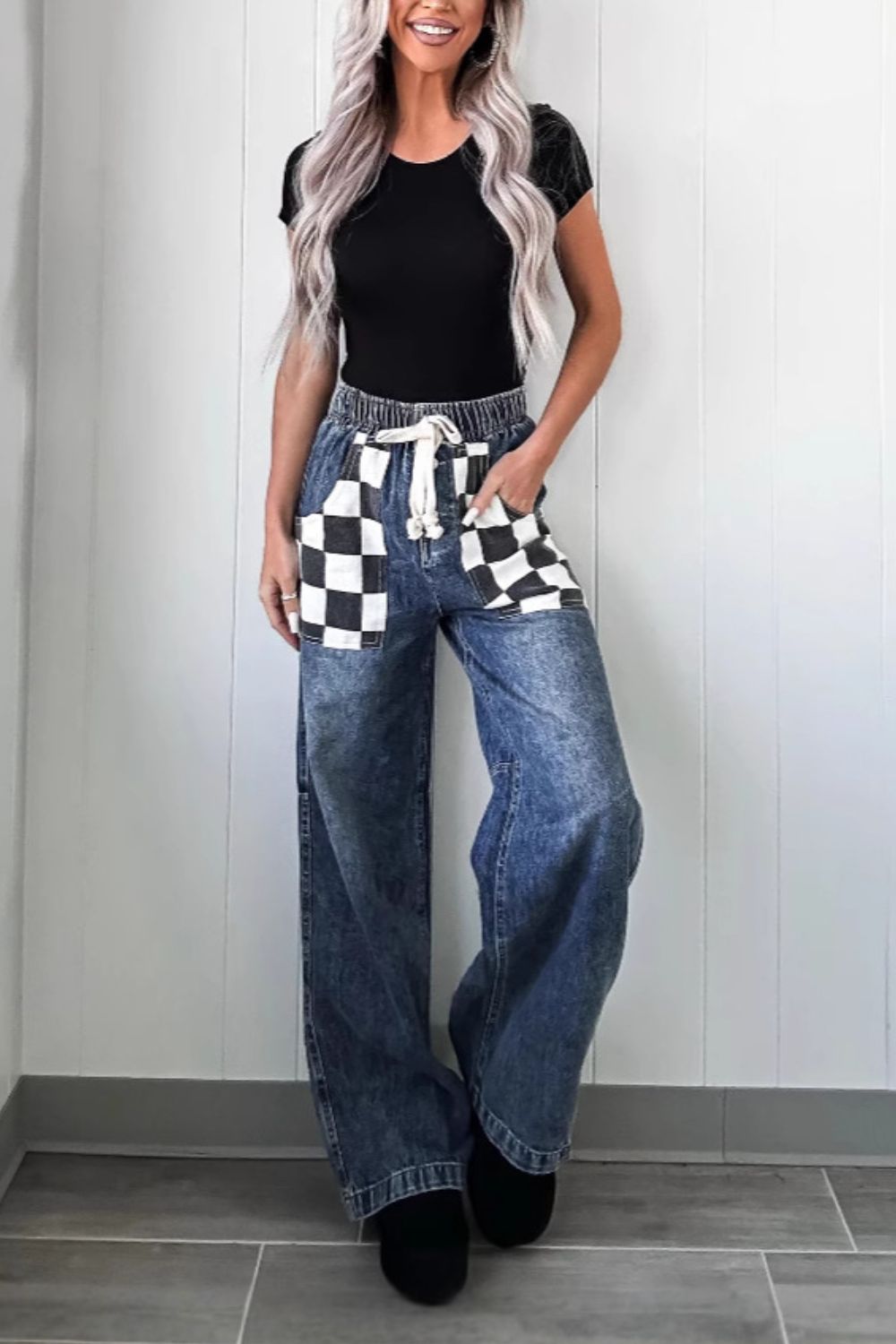 Checkered Wide Leg Jeans Trendsi