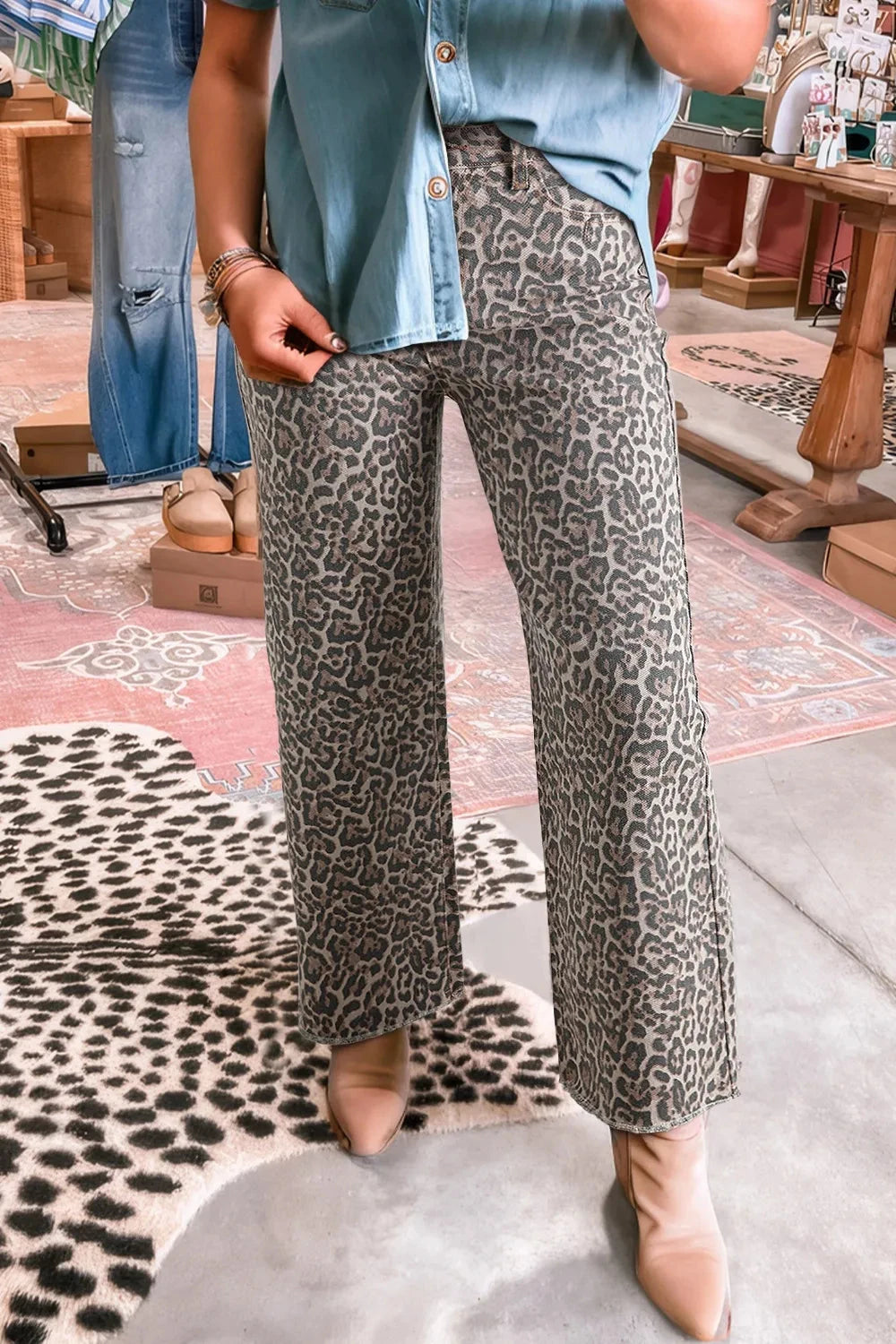 Leopard Frayed Edge Wide Leg High Waist Jeans