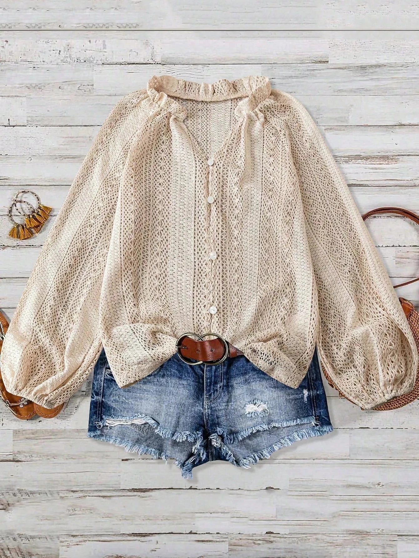 Lace Notched Long Sleeve Shirt