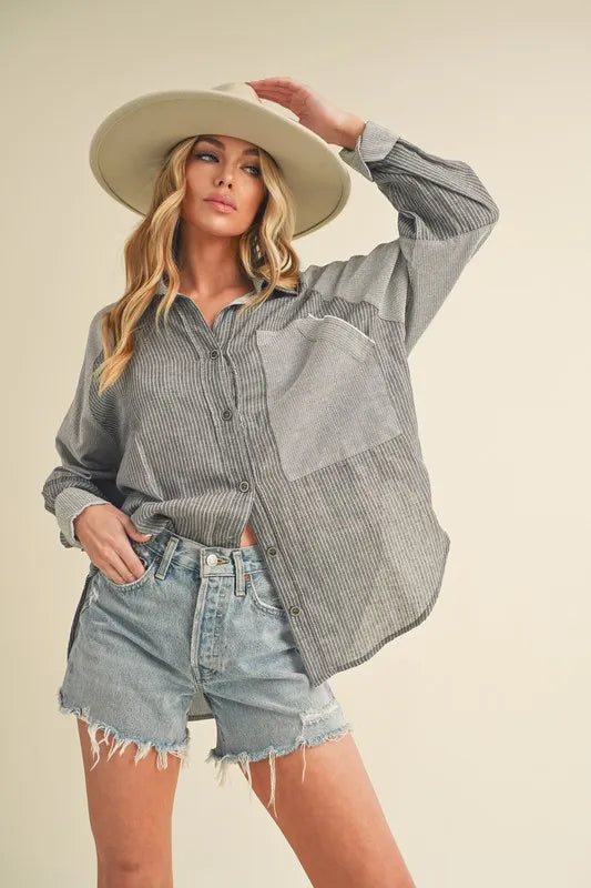 Striped Collared Neck Lantern Sleeve Shirt