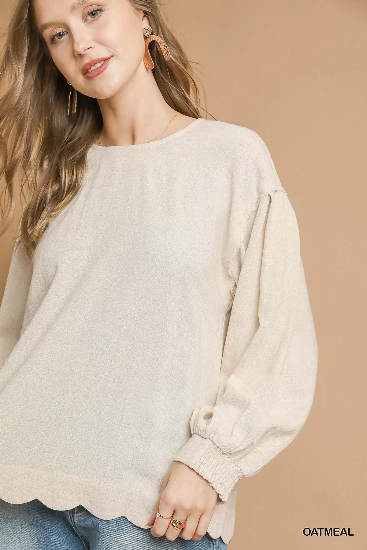 Umgee Linen Scallop Hem Long Sleeve Blouse Trendsi