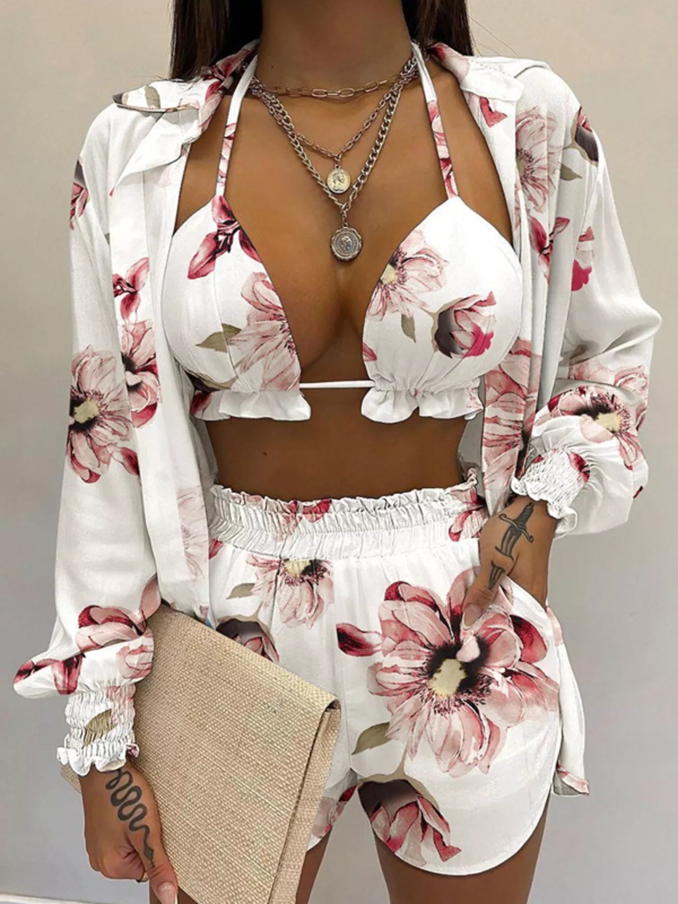 Full Size Halter Neck Cami & Shirt & Shorts 3-Piece Outfit Set Plus Size