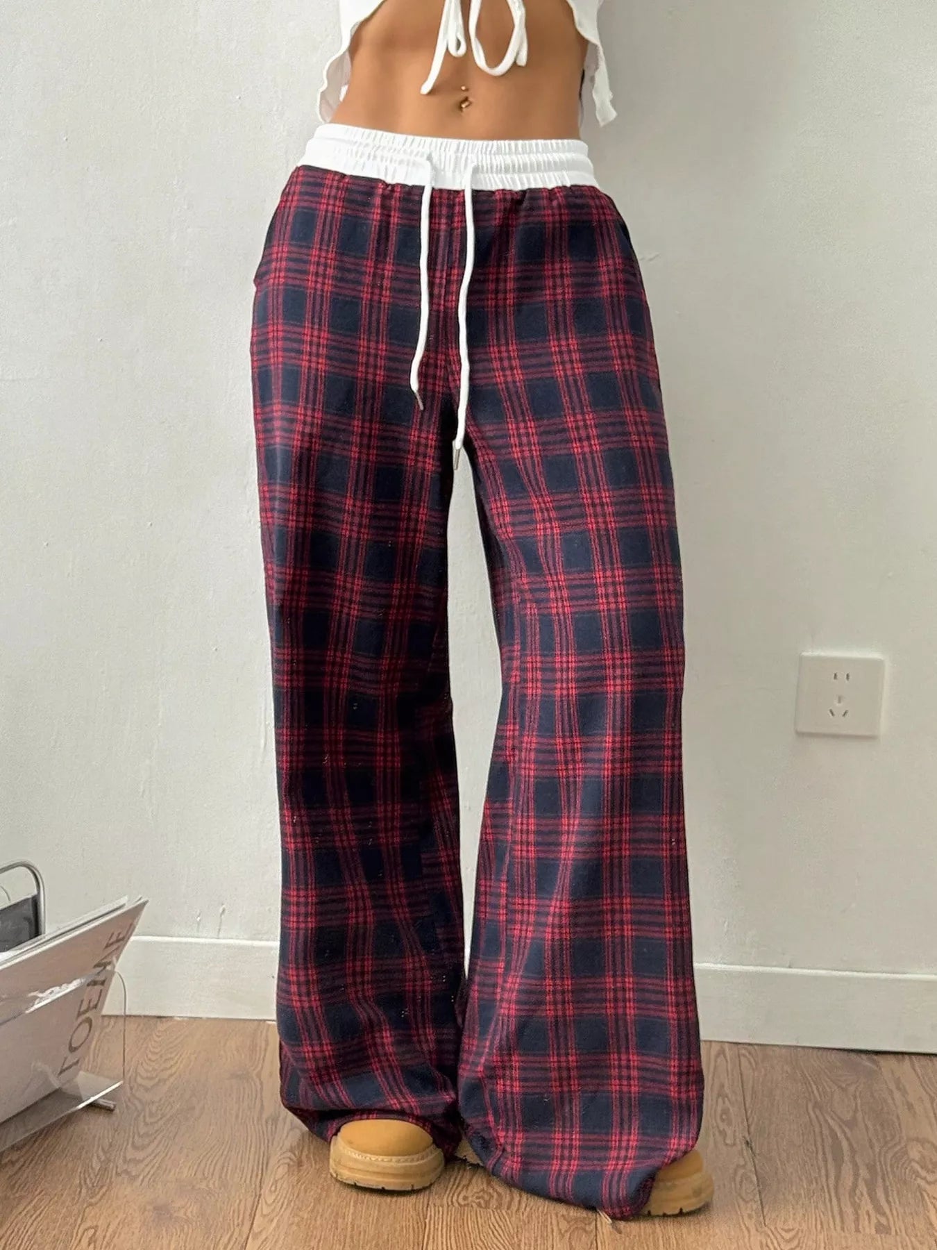 Plaid Wide-Leg Pants with Elastic Waistband