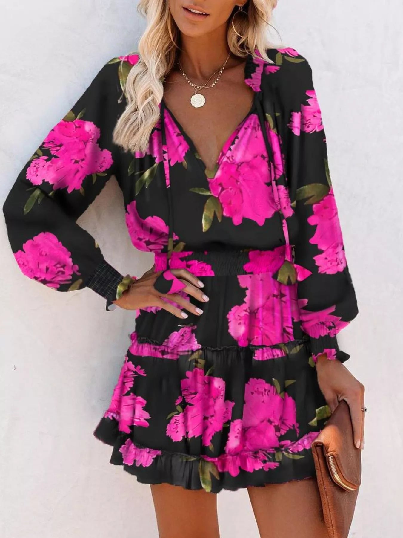 Tie Neck Lantern Sleeve Dress Trendsi