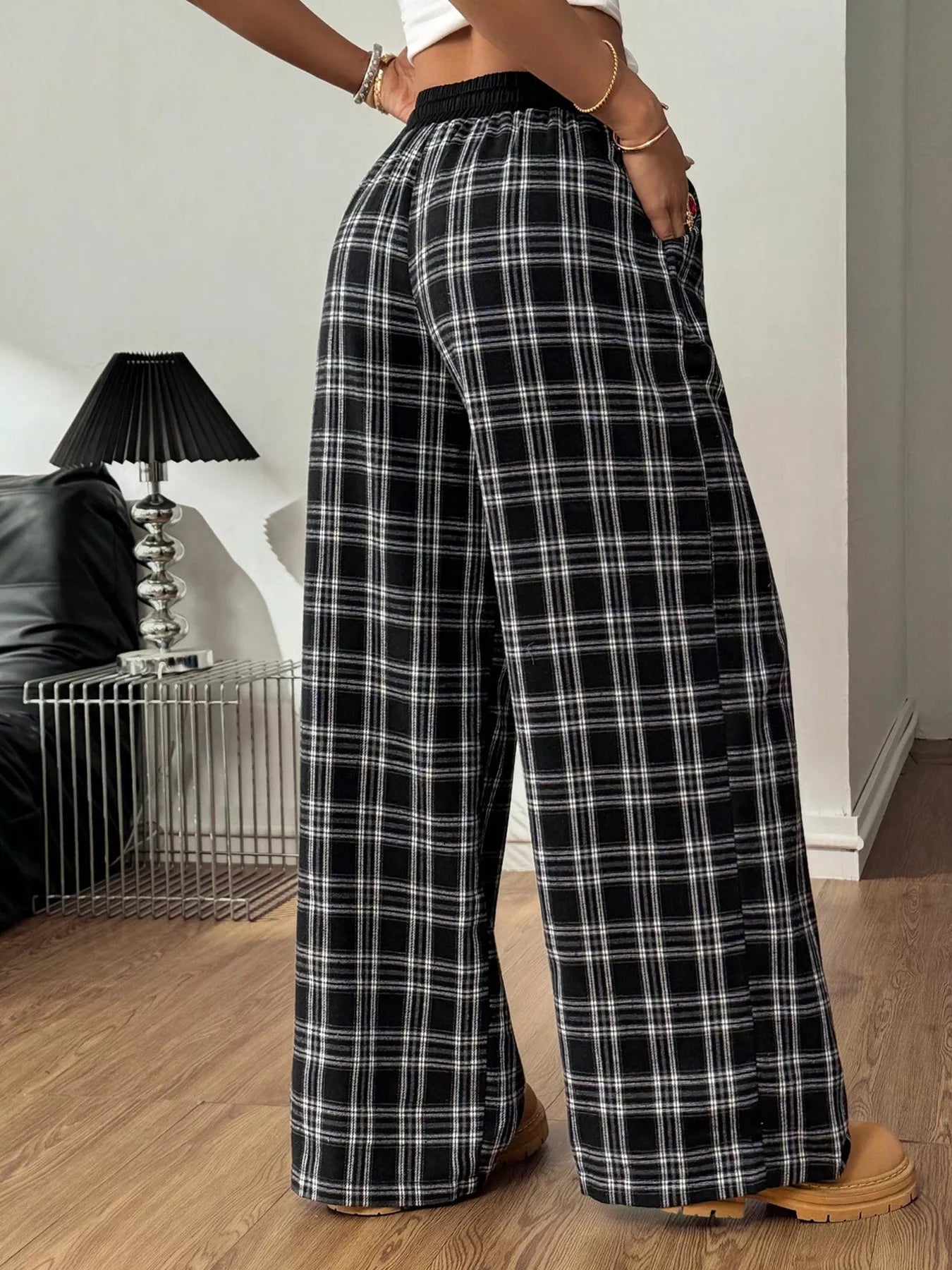 Plaid Wide-Leg Pants with Elastic Waistband