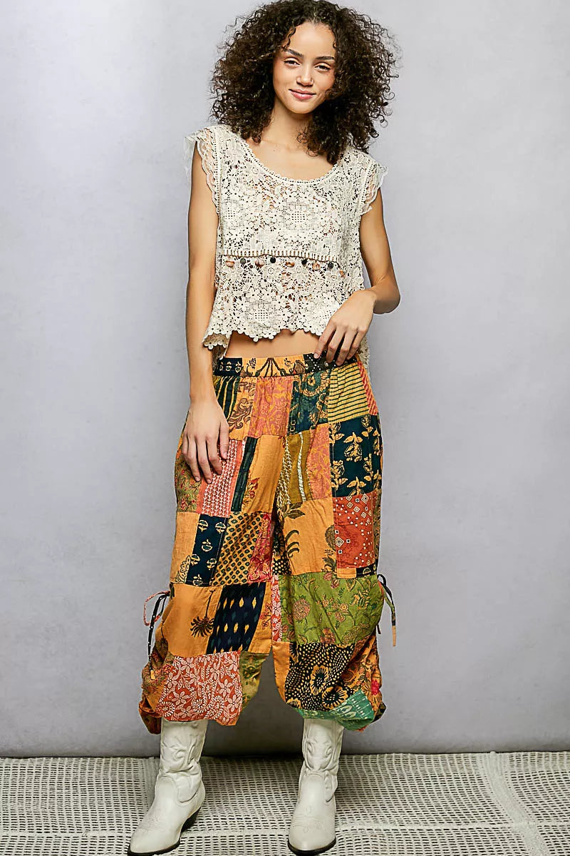 POL Printed Patchwork Wide Leg Pants with Adjustable Side Drawstring Trendsi