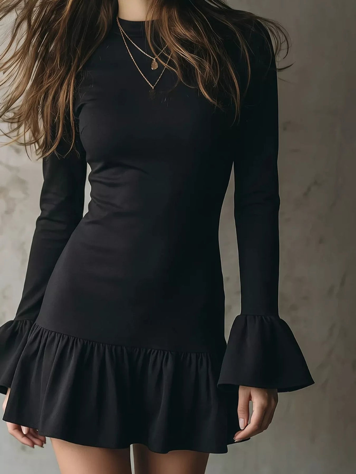 Long-Sleeve Ruffle Hem Mini Dress Trendsi