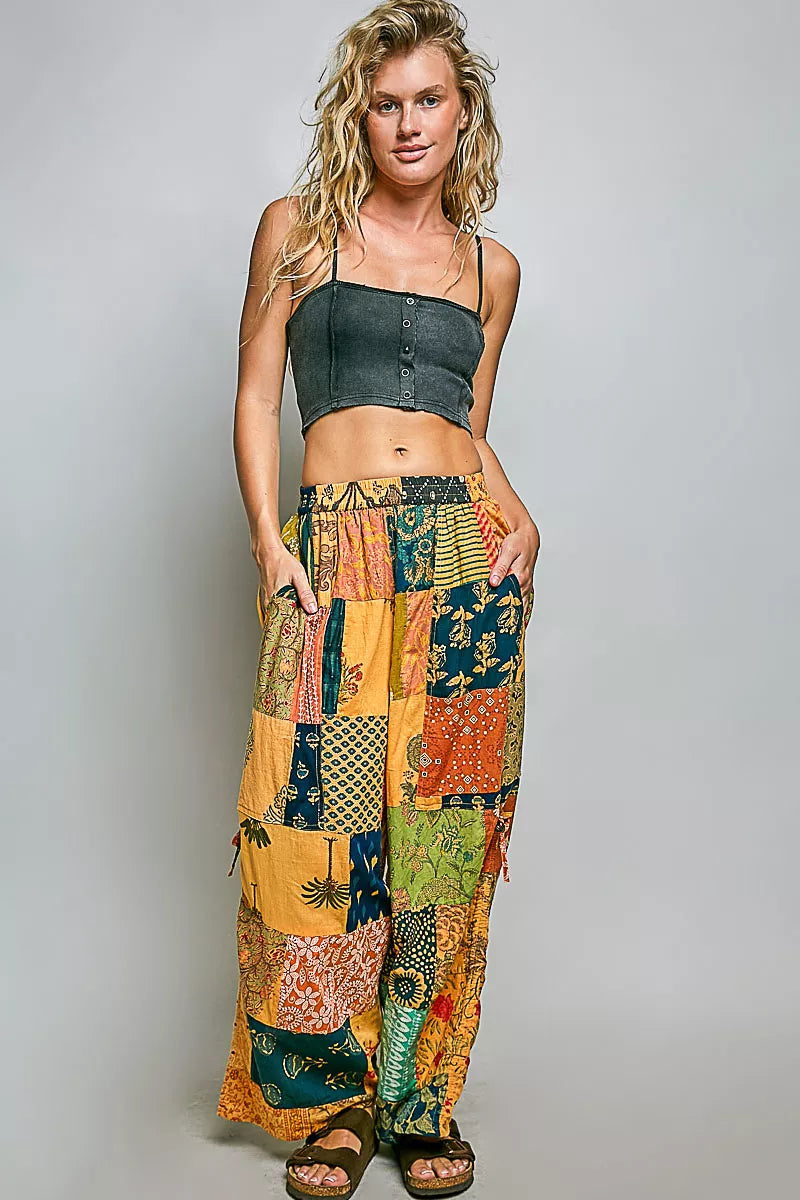 POL Printed Patchwork Wide Leg Pants with Adjustable Side Drawstring Trendsi