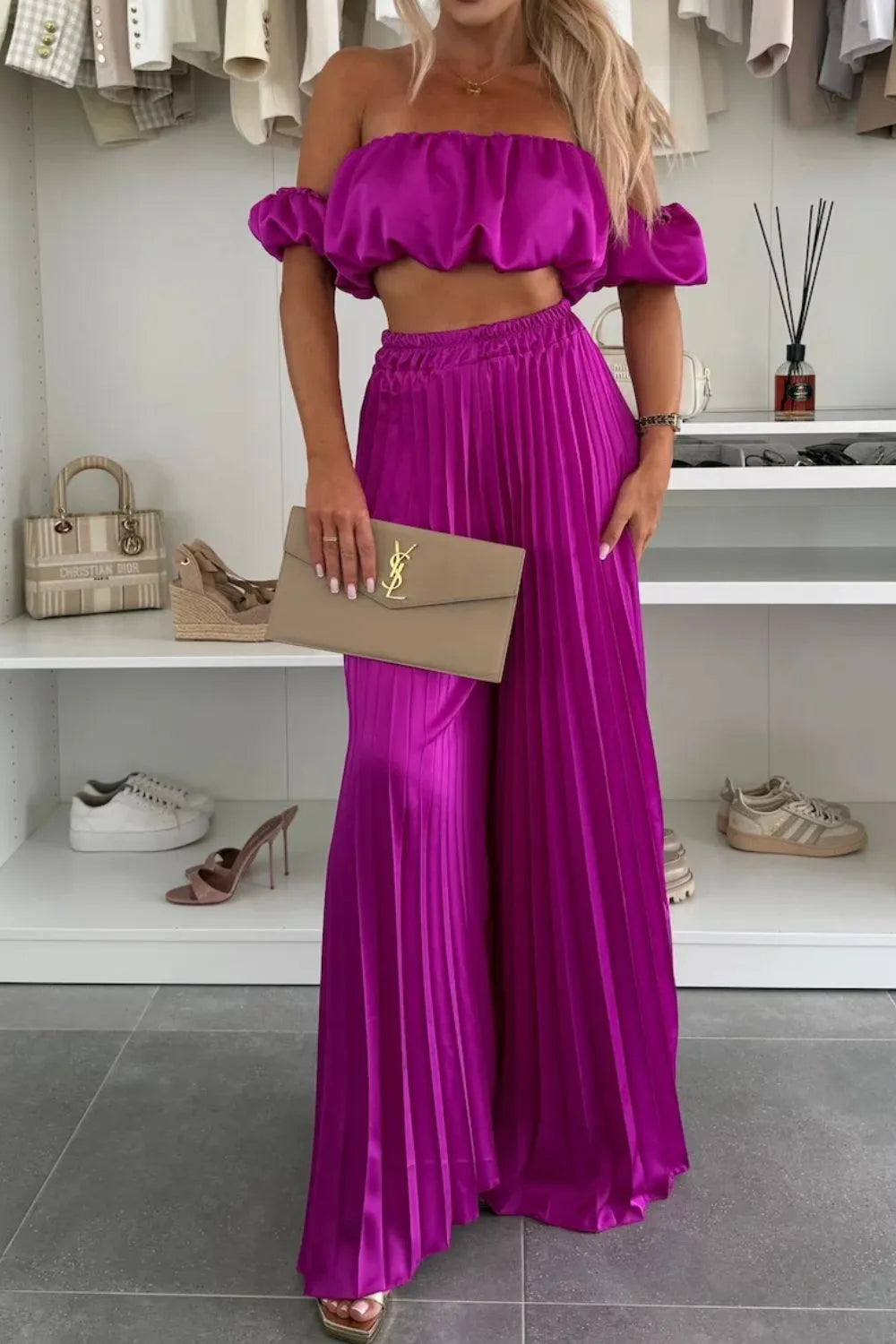 Off-Shoulder Top and Pleated Pants Set Luckygirlsclothingcompany.com