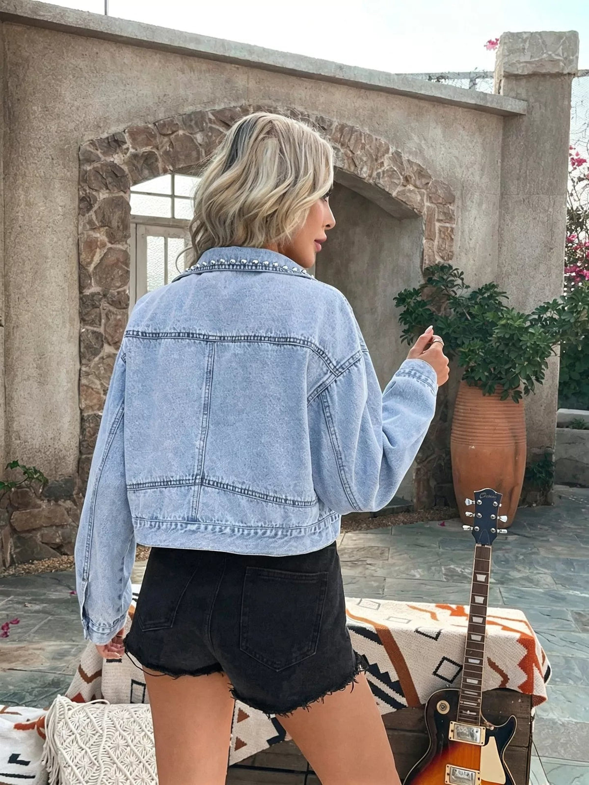 Studded Button Up Denim Jacket Trendsi