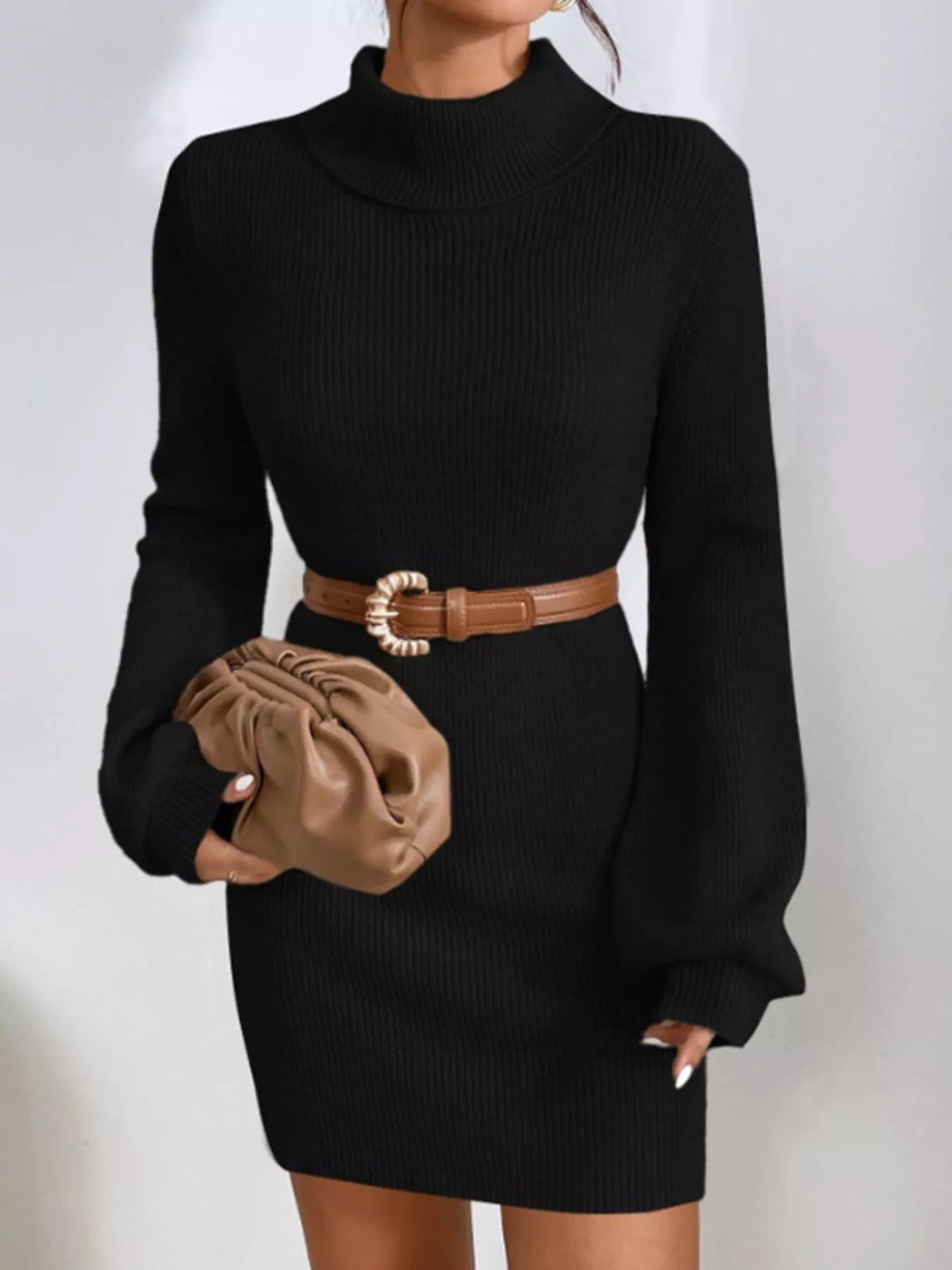 Turtleneck Ribbed Knit Sweater Dress Trendsi