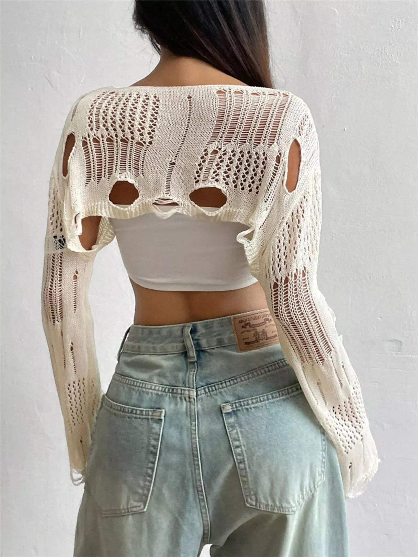 Distressed Cropped Knit Cover Up Trendsi