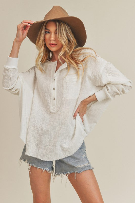 Exposed Seam Raw Hem Half Button Top