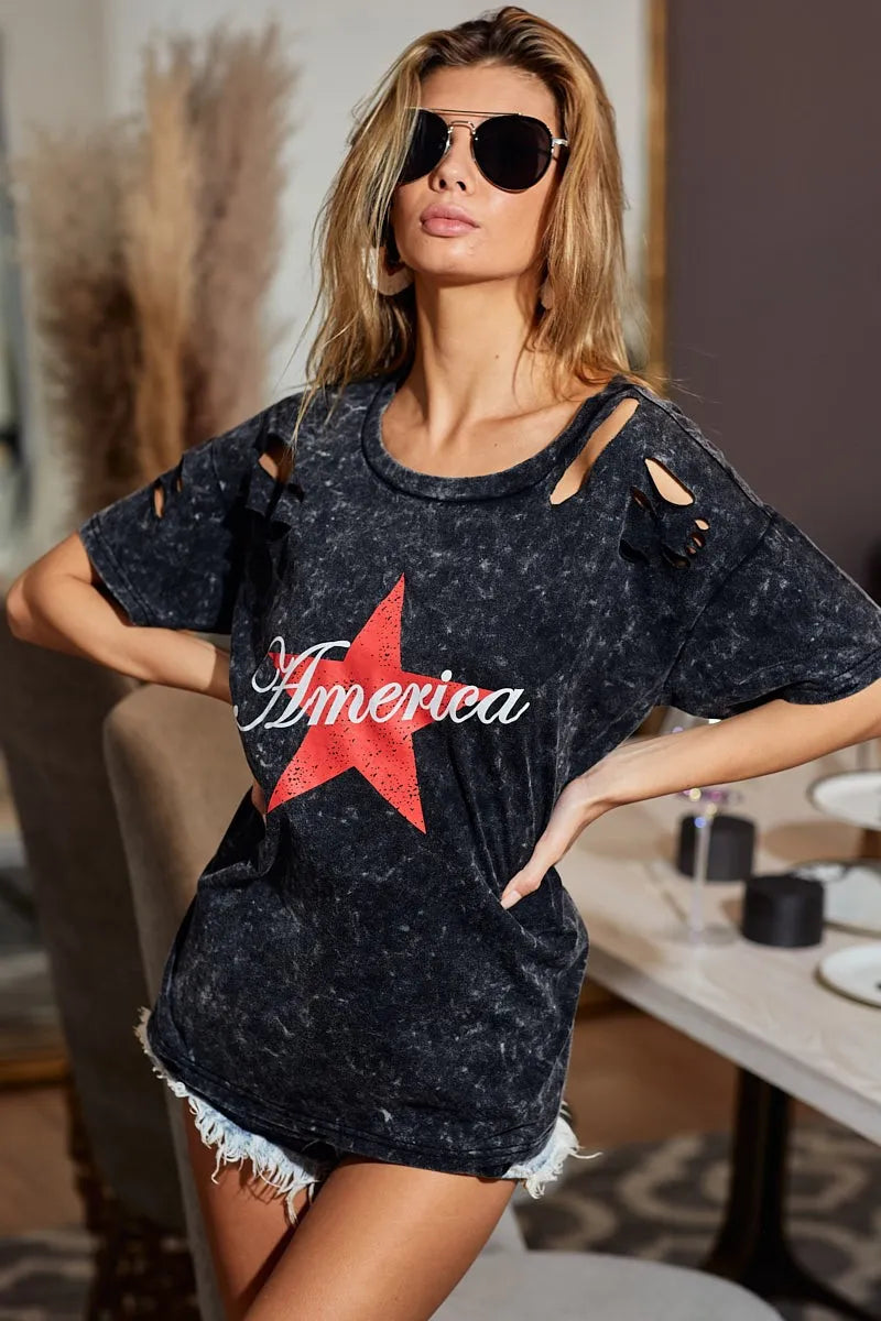 BiBi Laser Cut Mineral Washed Jersey Top with America Trendsi