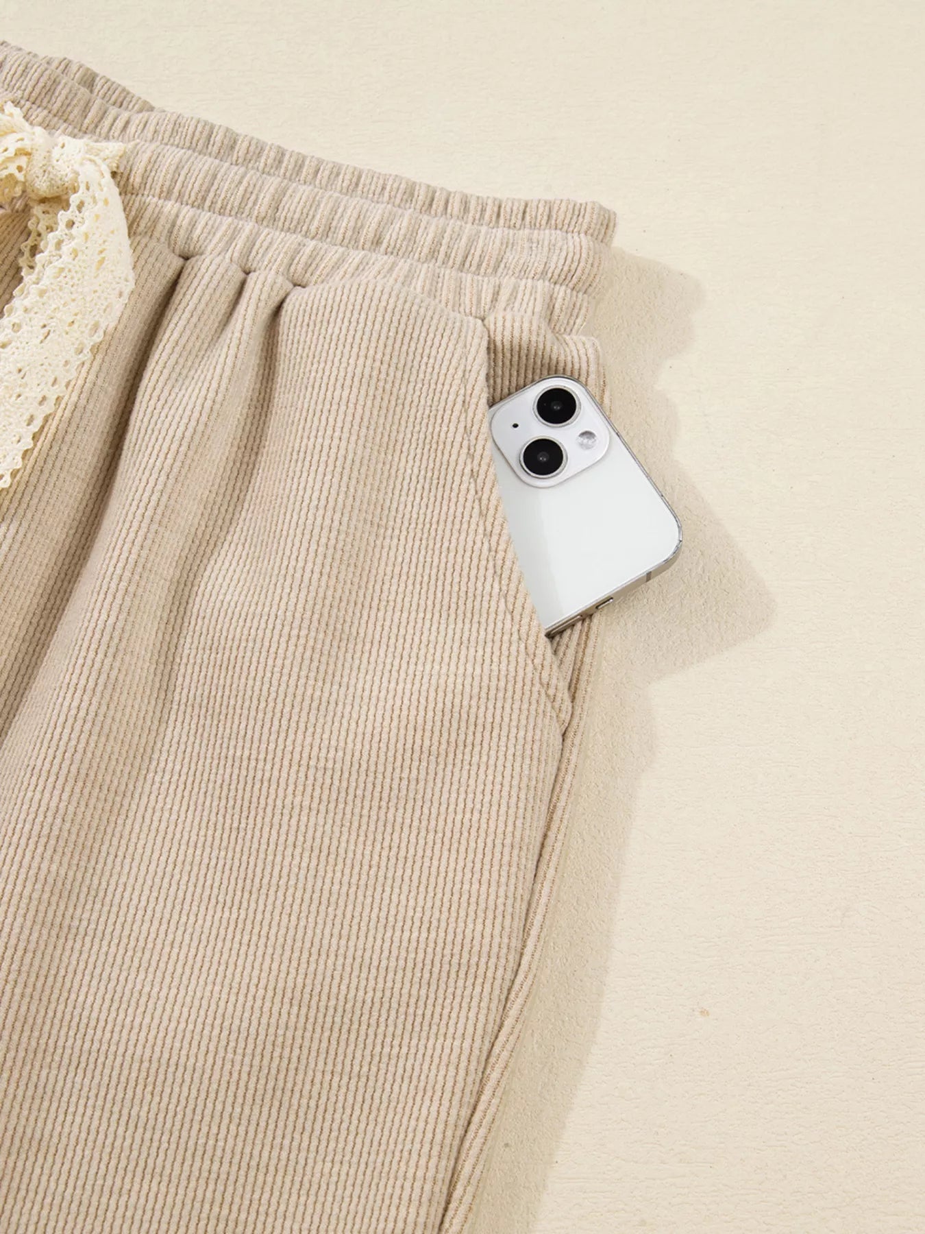 Lace Drawstring Hoodie and High Waist Pants Corduroy Suit Trendsi