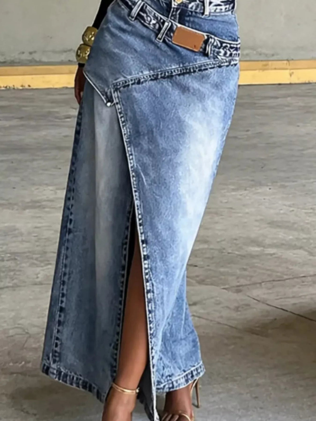 High-Waisted Asymmetric Slit Denim Maxi Skirt Trendsi