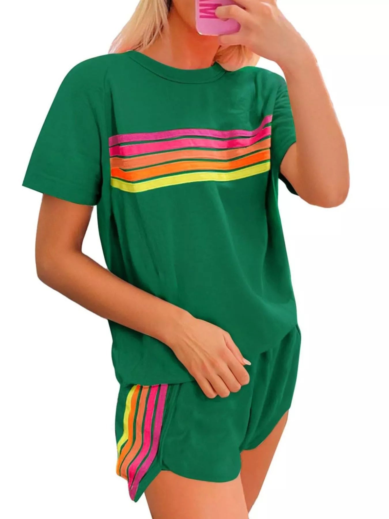 Rainbow Striped Round Neck Top and Shorts Set Trendsi