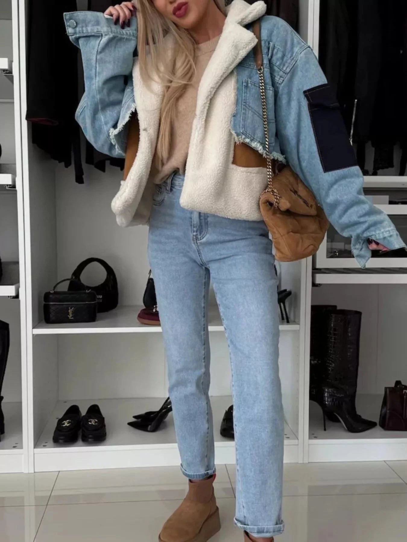Raw Hem Sherpa Lined Denim Jacket Trendsi
