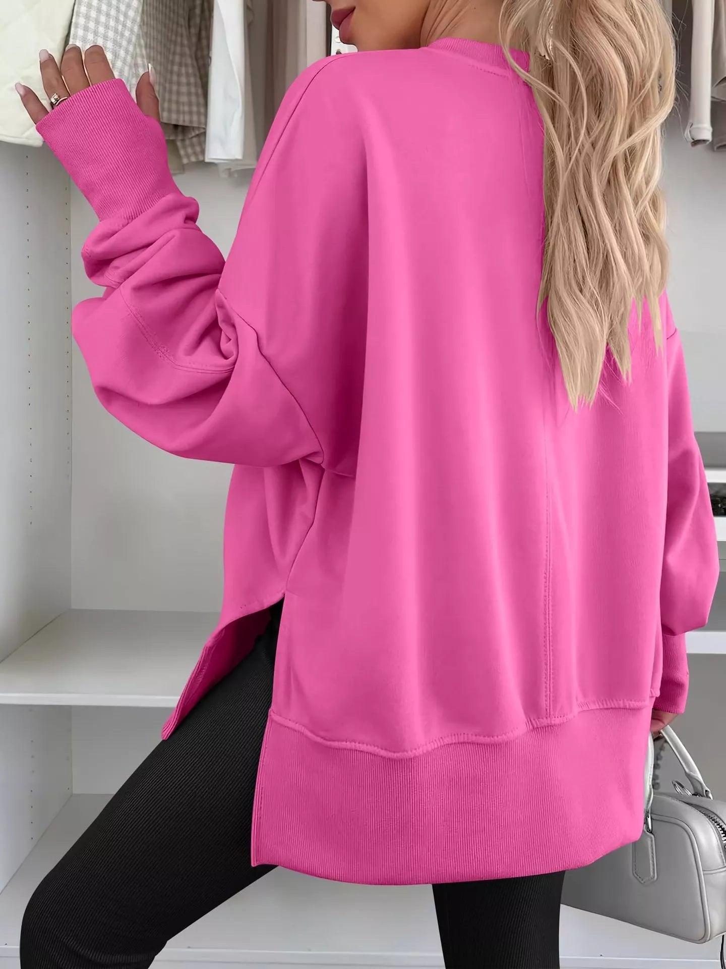 Side Slit Round Neck Long Sleeve Sweatshirt