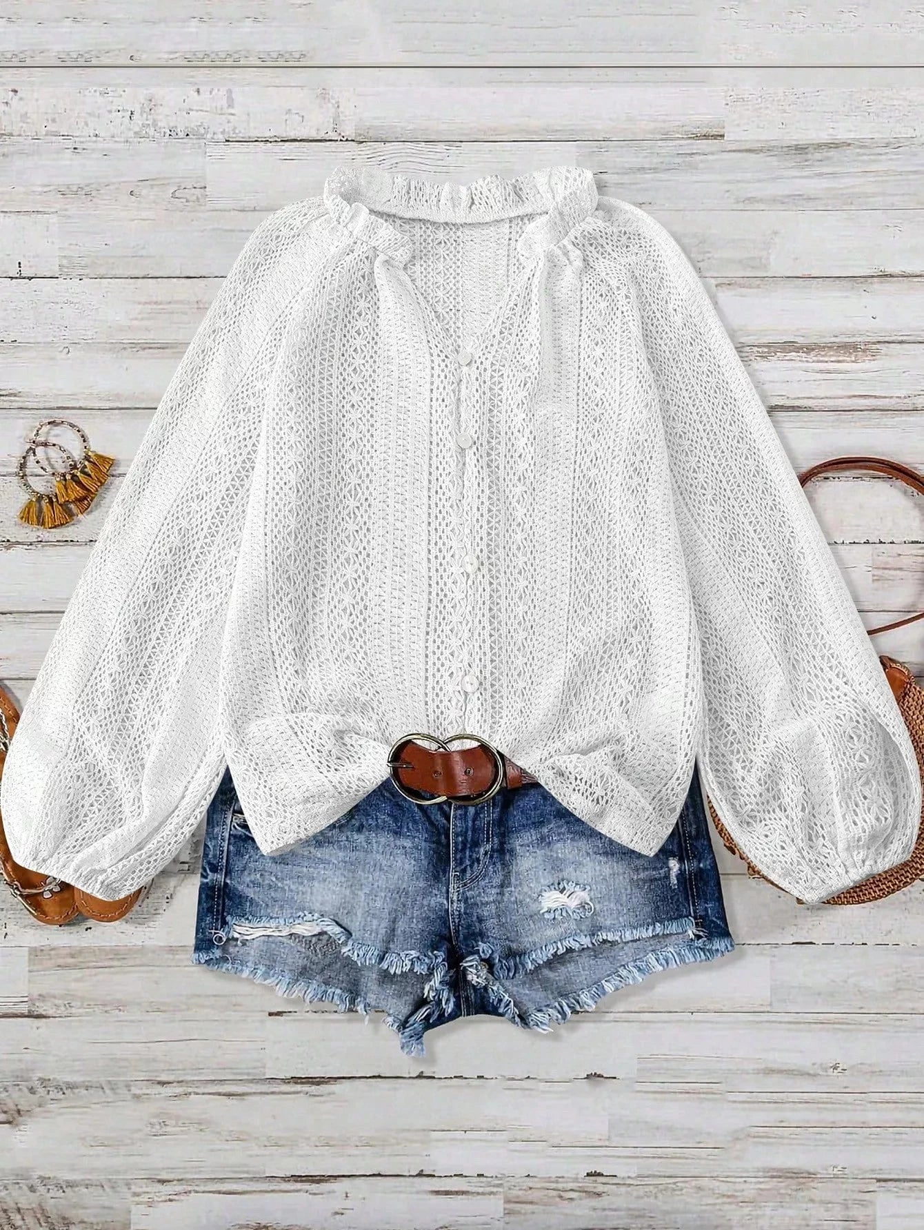 Lace Notched Long Sleeve Shirt