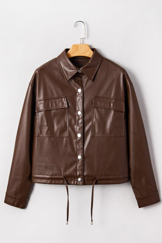 Leather Drawstring Hem Pocketed Jacket JUNIPER BLVD