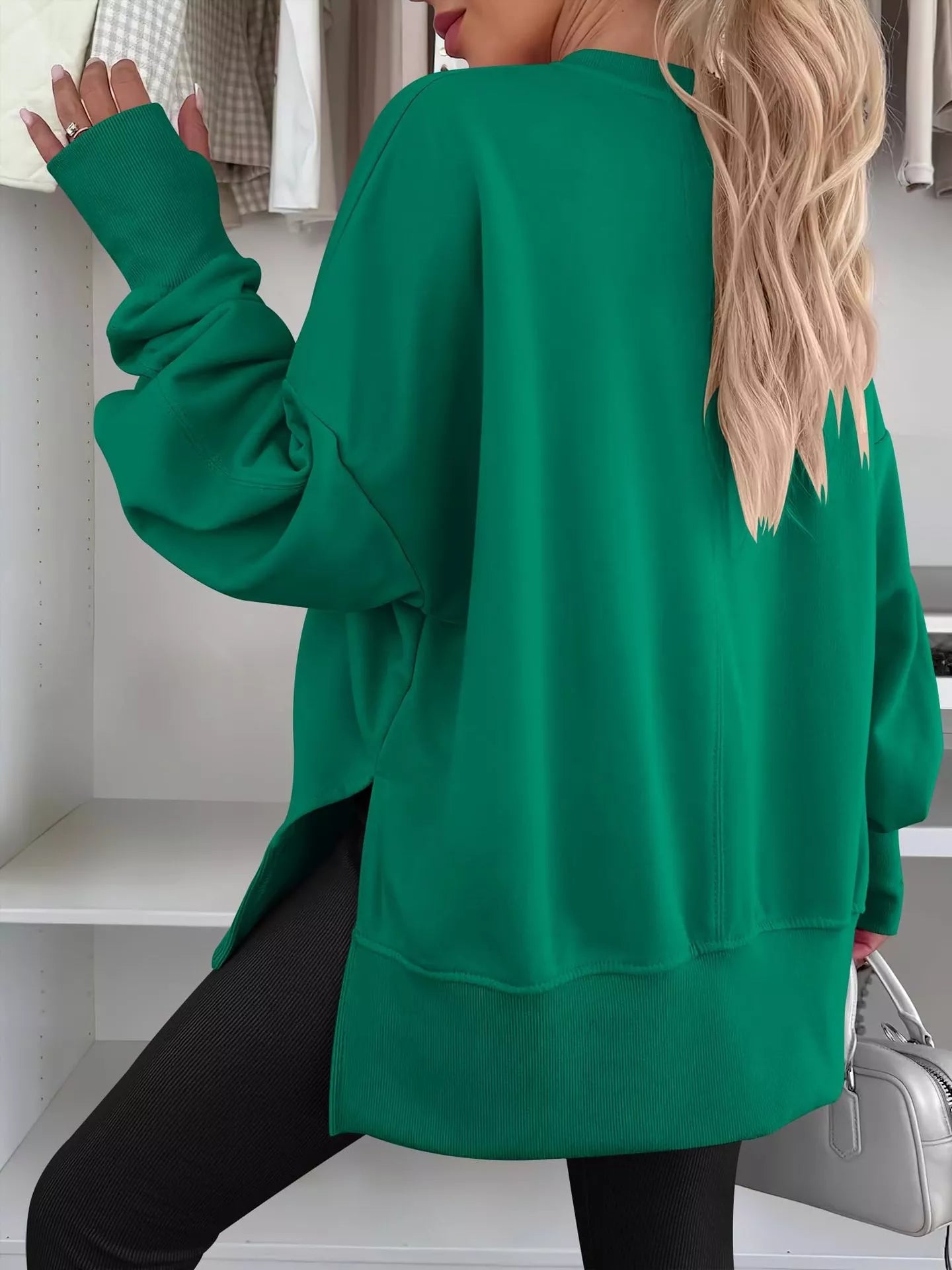Side Slit Round Neck Long Sleeve Sweatshirt