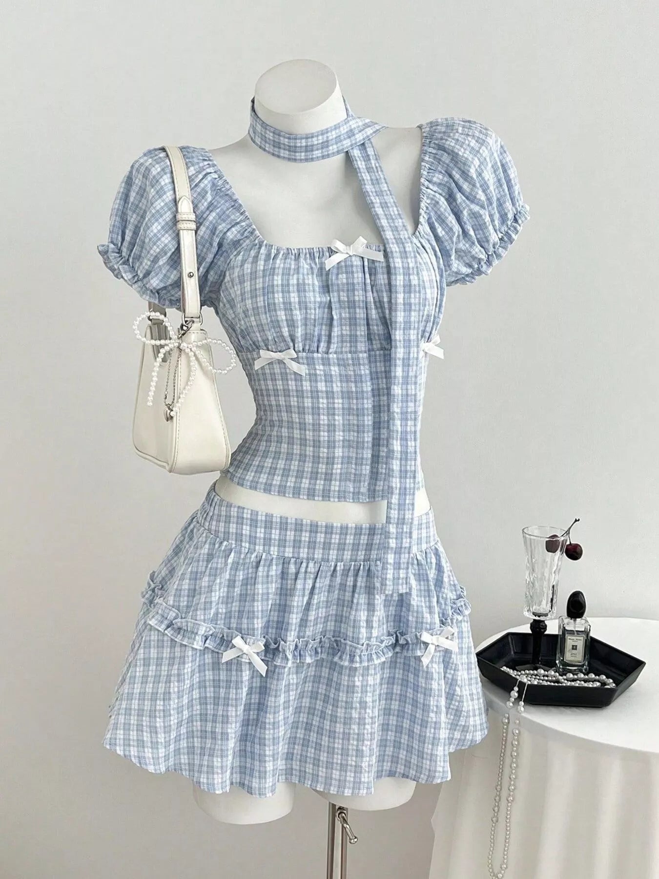 Plaid Puff Sleeve Blouse and Skirt Set Trendsi