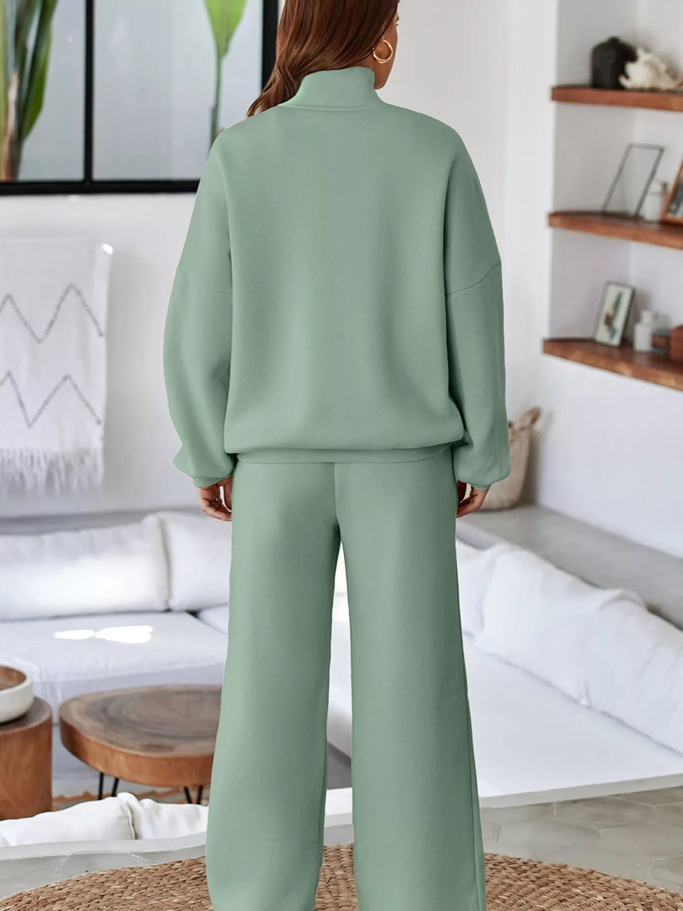 Drop Shoulder Zip Up Jacket and Drawstring Pants Active 2pcs Se