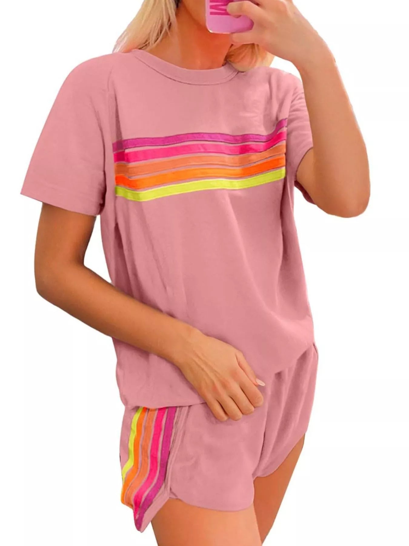 Rainbow Striped Round Neck Top and Shorts Set Trendsi