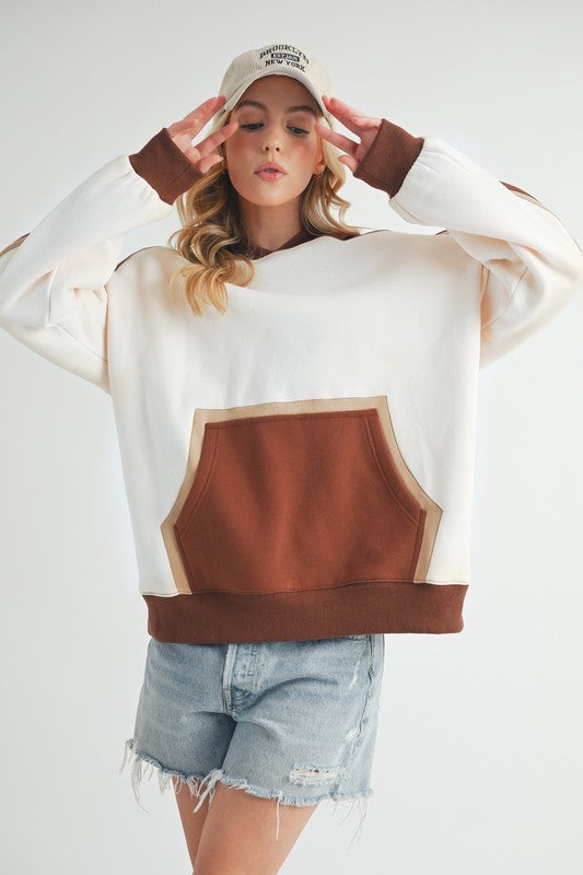 Aemi + Co Color Block Kangaroo Pocketed Hoodie Trendsi