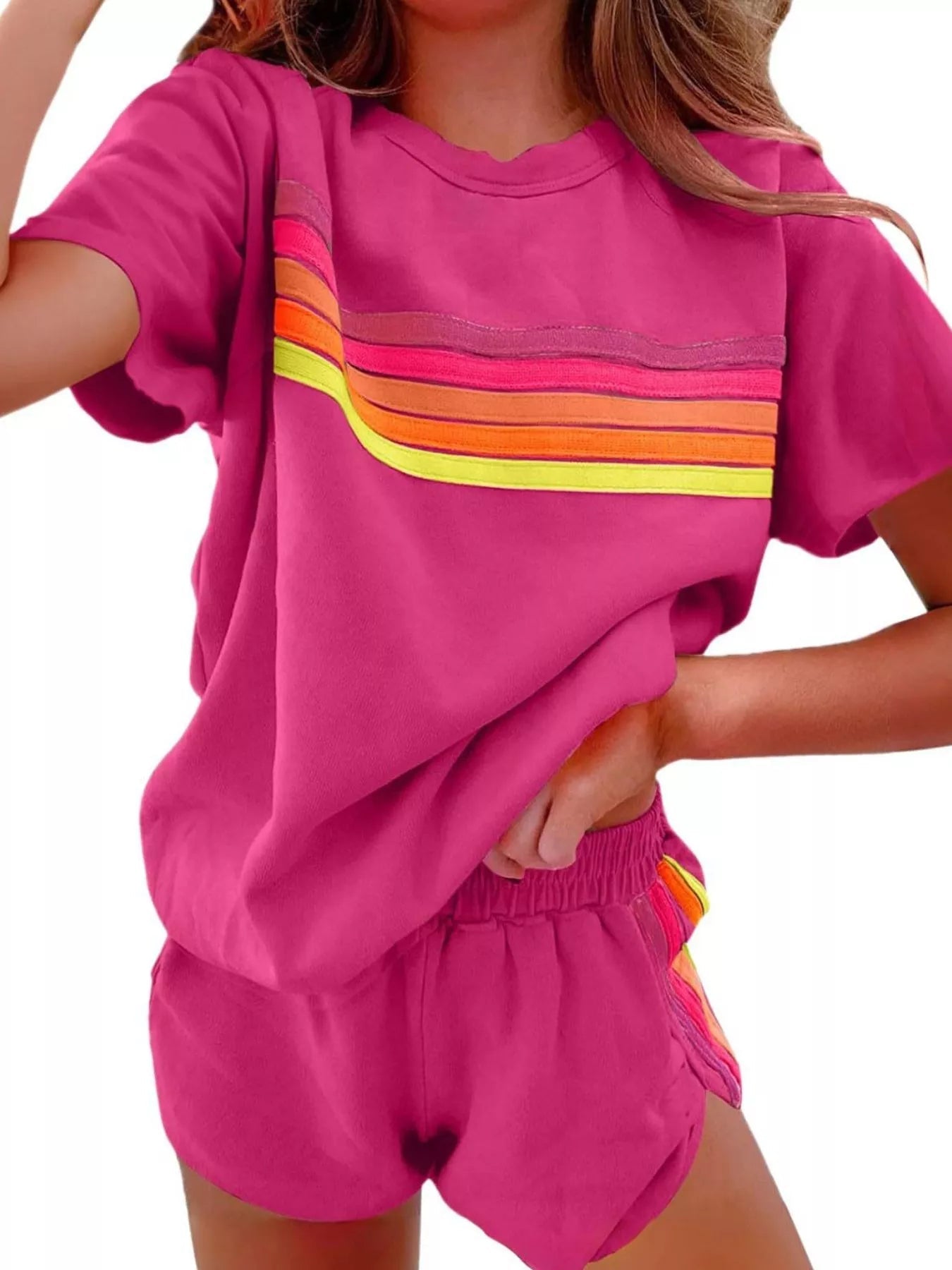 Rainbow Striped Round Neck Top and Shorts Set Trendsi