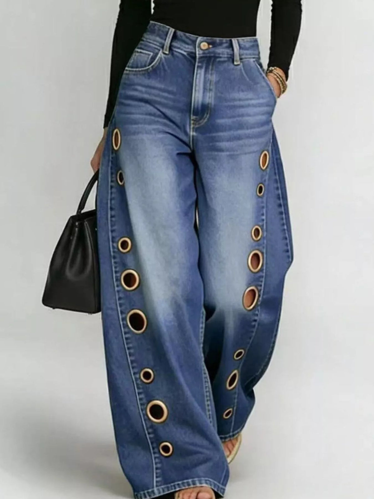 Wide Leg Jeans with Eyelet Details Trendsi