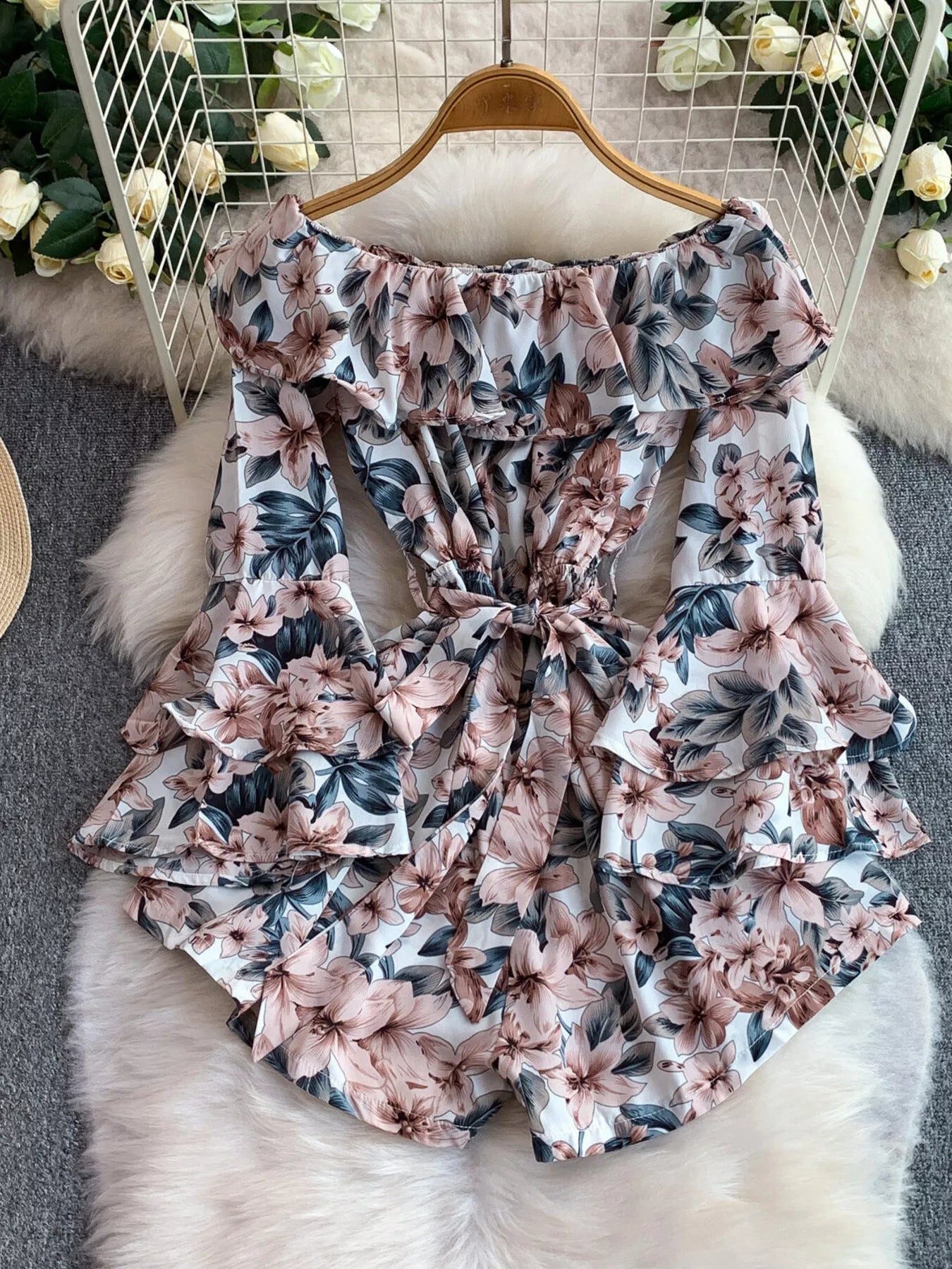 Off-Shoulder Flounce Sleeve Romper Trendsi