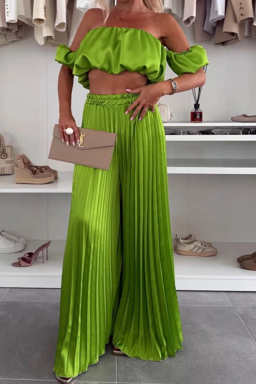 Off-Shoulder Top and Pleated Pants Set Luckygirlsclothingcompany.com