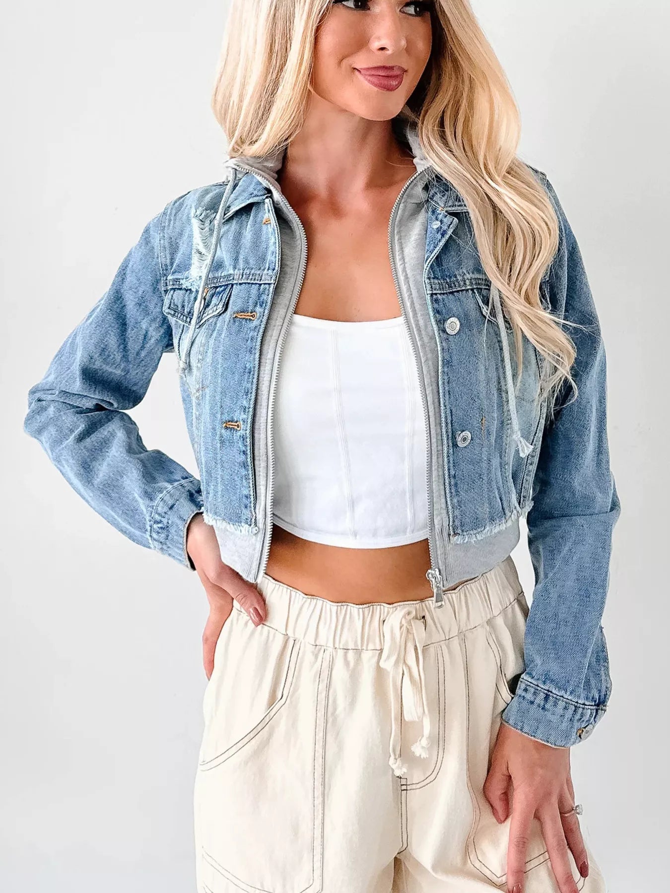 Distressed Zip Up Cropped Hooded Denim Jacket Trendsi